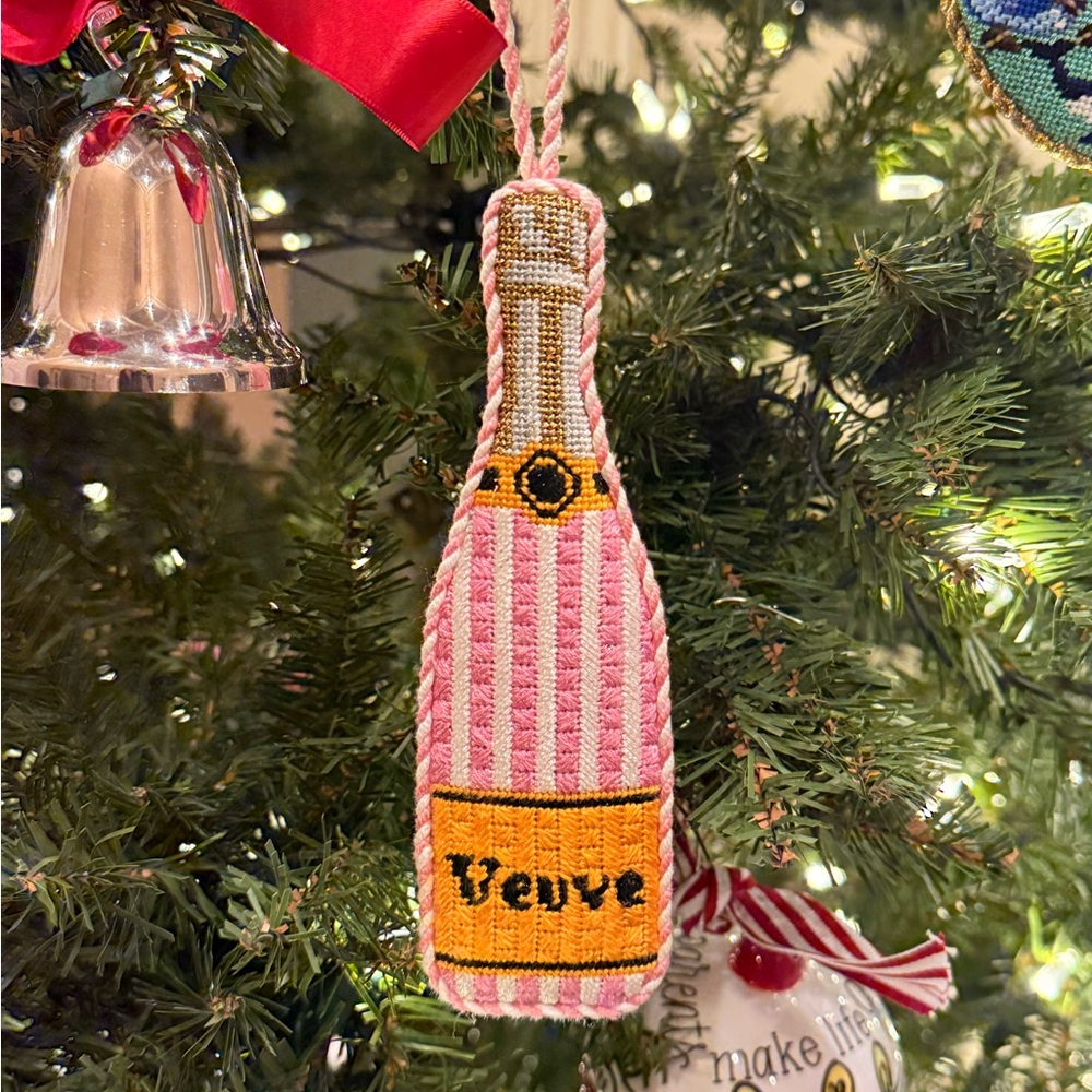 Hand-Stitched Needlepoint Ornament - Pink and White Striped Veuve Bottle